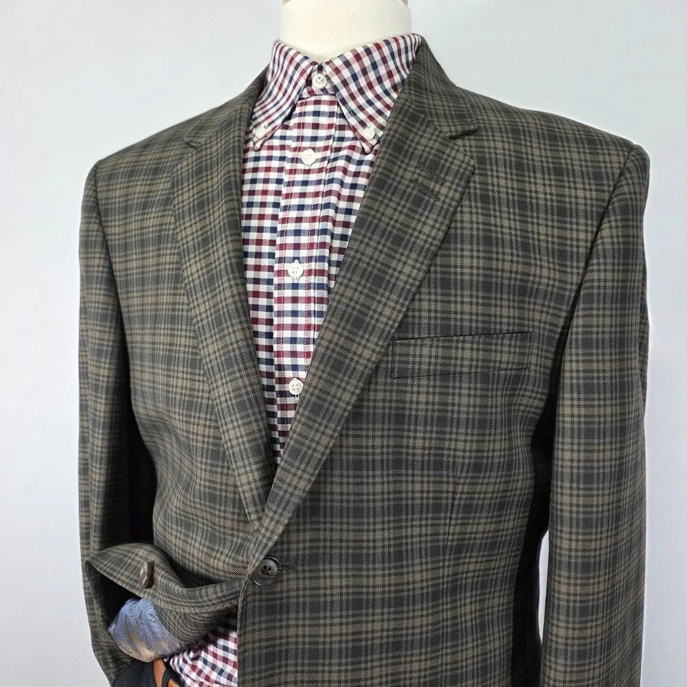 Haggar Men's Sport Coat Blazer Two Button Brown Checked‎ polyester LARGE